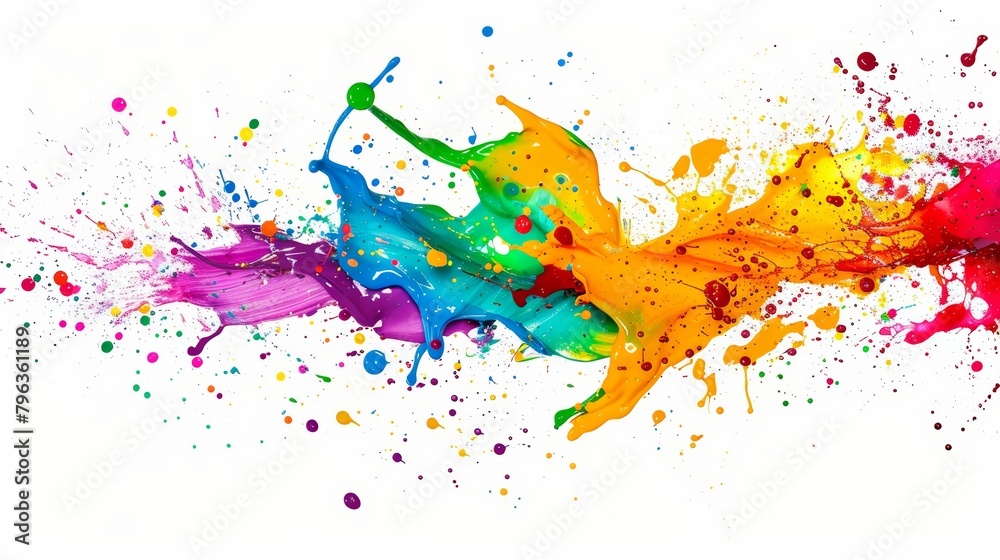 A dynamic explosion of colorful paint splashes isolated against a clean white background, ideal for vibrant graphic design elements A dynamic explosion of colorful paint splashes isolated against a clean white background, ideal for vibrant graphic design elements