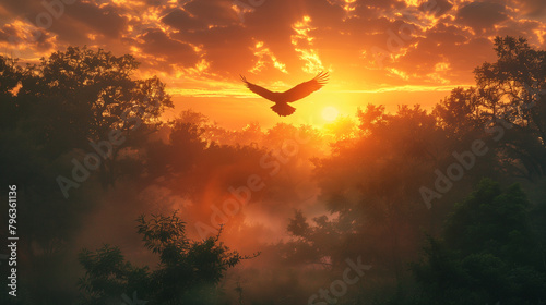 A bird is flying in the sky above a forest