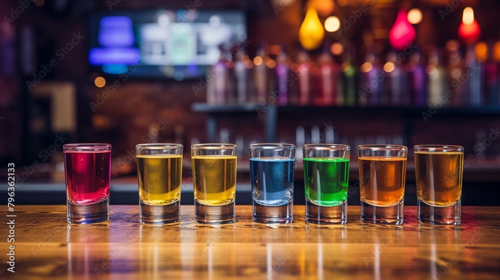 A Colorful Array of Shot Glasses Lined up on a Bar Top A Colorful Array of Shot Glasses Lined up on a Bar Top
