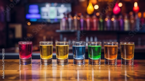 A Colorful Array of Shot Glasses Lined up on a Bar Top © Miva