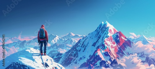 Adult hiker success climbing snow mountain. Generative AI technology.	
 photo
