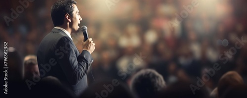 Dynamic image of a man giving a campaign speech, background softly out of focus to highlight his engagement and energy in the political scene photo