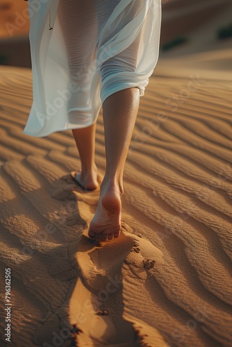 feet of a woman, she walk in Sand, close up, cinematic, ultra photorealistic, wide angle lens, 4k