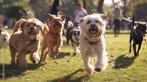 Everyone loves the fun of a dog park full of playful pets with their friends and families. photo