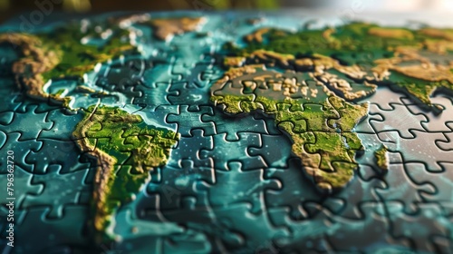 A global map made of puzzle pieces representing the international effort and collaboration needed to achieve a successful transition to biofuel and other renewable energy sources. .