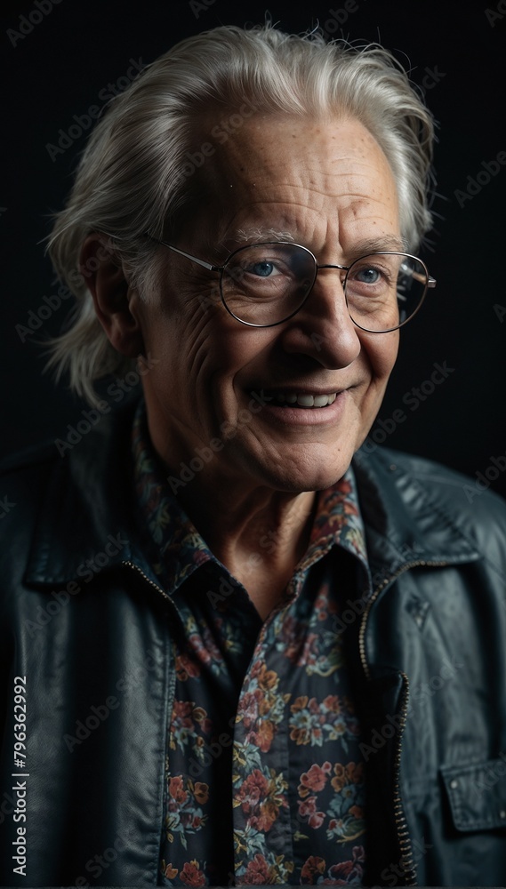 man dressed in a black leather jacket with gray hair wearing glasses portrait close-up