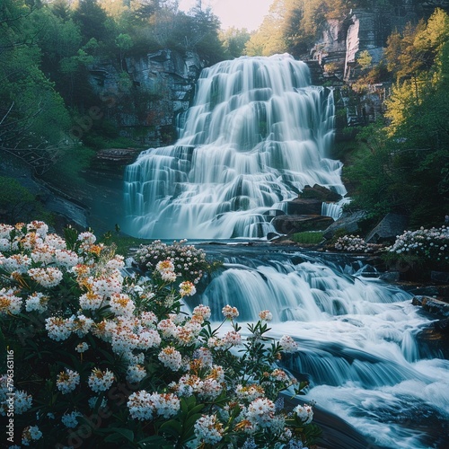Cascading waterfall surrounded by blooming spring flora  natural wonder   close up