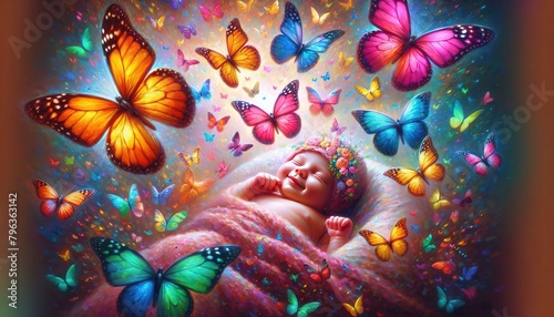 illustration of a minimal art, new born baby, baby beautiful painting ,with amzing and beautiful background full of butterfly and flowers photo