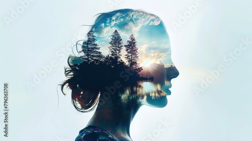 Double exposure portrait of woman blended with nature, forest trees form face, creative art of beauty and tranquility