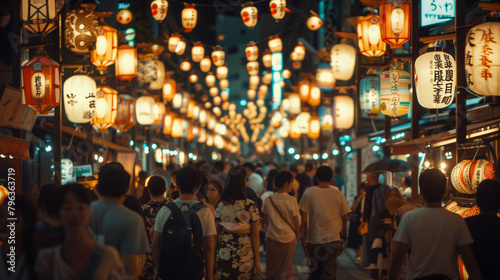 Gion Matsuri Festival at night, the streets are filled with traditional lantern lights creating a magical atmosphere, Ai generated Images