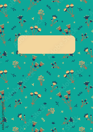 Vector note book cover with flowers in cartoon style and cute elements decorated