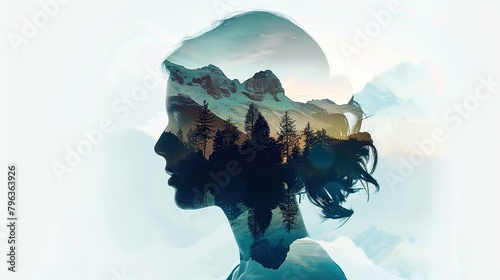 Double exposure portrait of woman blended with nature, forest trees form face, creative art of beauty and tranquility
