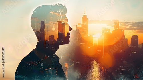 Double exposure of a Businessman wearing suit and a modern city building of  Business financial and commercial  district  photo