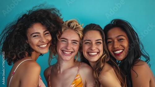 group women, blue background, standing, smile, friendship