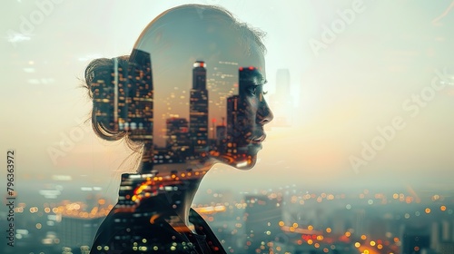 Double exposure of a Businesswoman wearing suit and a modern city building of  financial district and commercial
