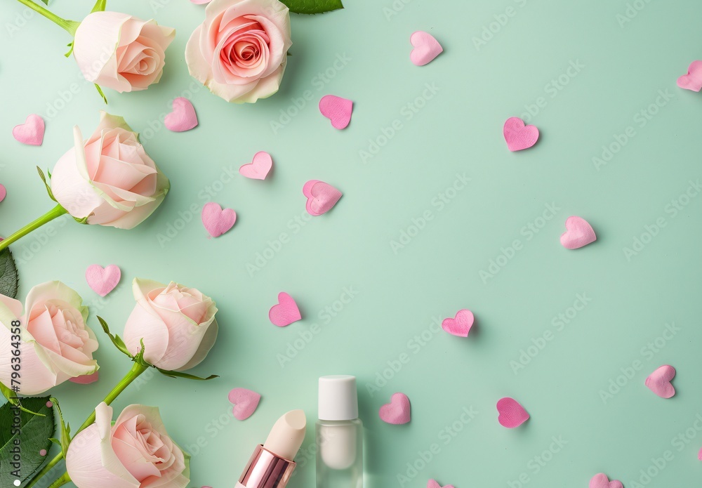 a pink roses and lipstick on a blue surface a pink roses and lipstick on a blue surface