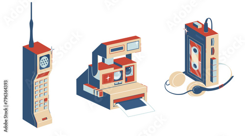 Retro technology set. Vintage portable equipment. Collection of devices from the 1980s - 1990s. Vector illustration