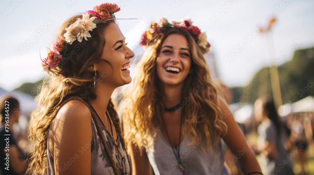 two women smiling with flowers in their hair two women smiling with flowers in their hair