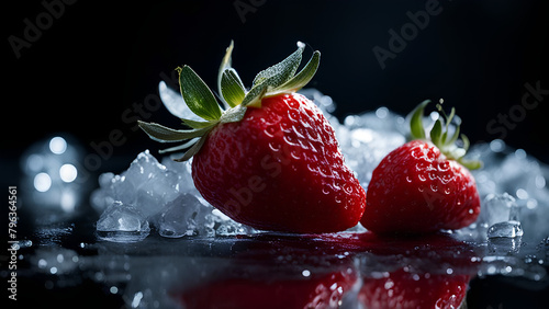 Strawberries with ice cubes on a dark background  frozen fresh berries