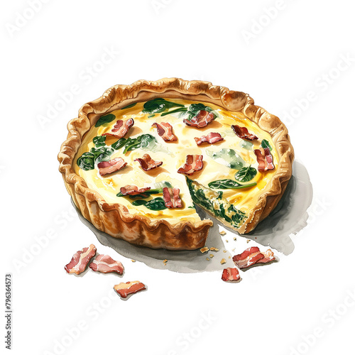 Watercolor illustration of bacon, spinach and mushroom quiche on white background photo