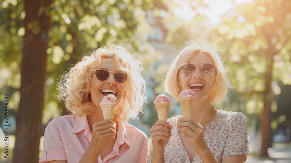 Fototapeta premium Joyful Women Enjoying Ice Cream Cones in Summer Sunshine. Generative ai