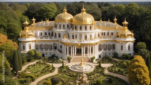 The image shows a large white and gold palace with a fountain in front of it.