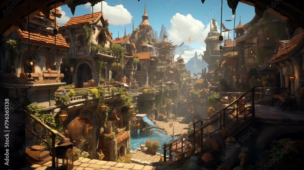 Obraz premium Enchanting riverside village with rustic homes ai generated 2D cartoon illustration