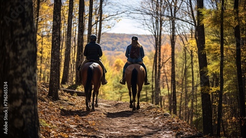 two people riding horses on a trail in the woods