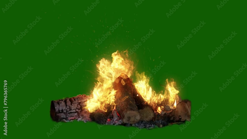 Campfire isolated on green screen background.