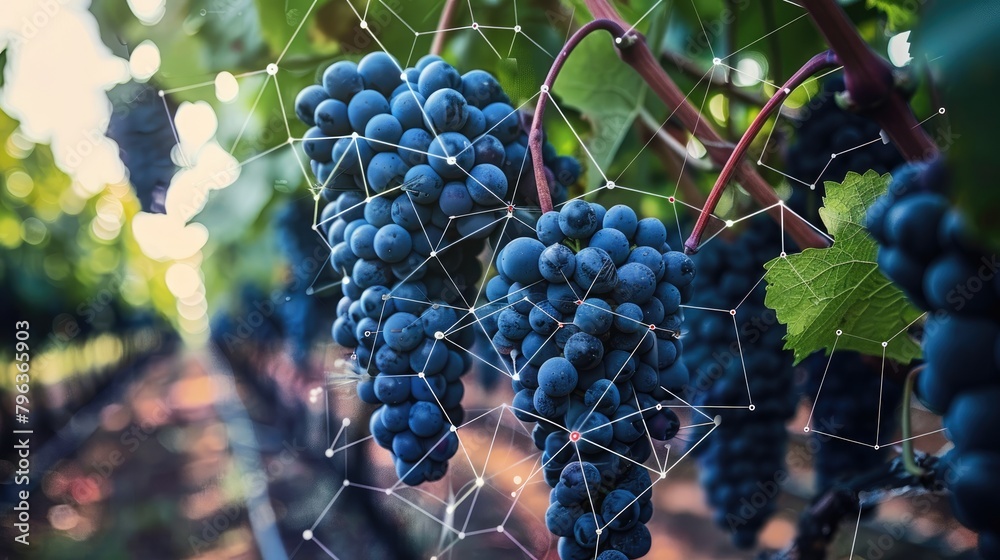 Obraz premium Wine vineyards and sensor network circuits optimizing grape growth