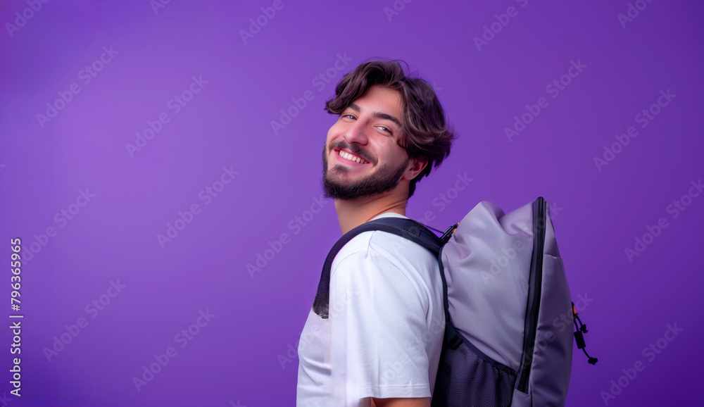 A man with a backpack is smiling and posing for a picture. The man's smile suggests that he is happy and enjoying the moment. Happy man With travel bag