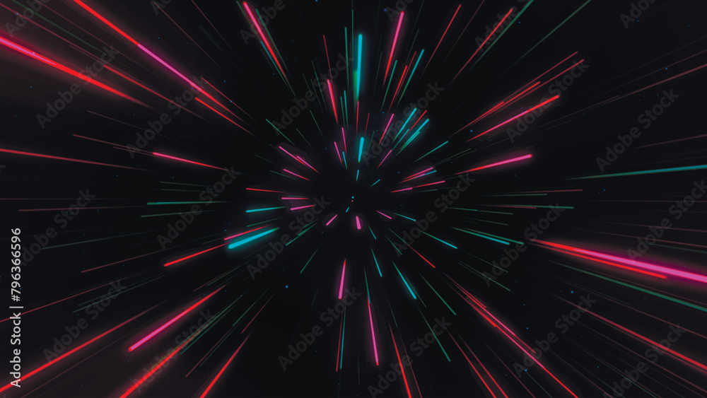 Abstract geometric background of radial lines. Aerial flight inside festive fireworks. Movement effect. Speed, fireworks, bright neon glow. 3D vector.