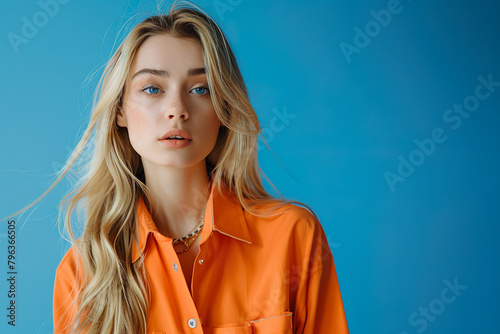 Sexy blonde girl with long hair in an orange shirt on a colored studio blue background. Attractive young lady. Generative AI © Pavel Iarunichev
