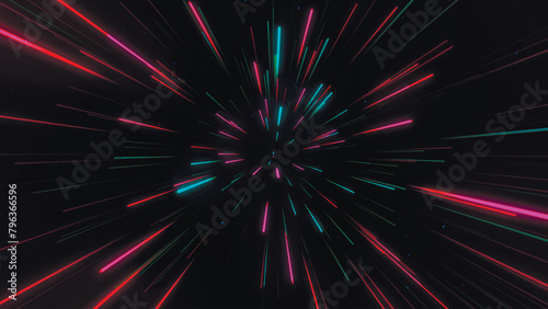 Abstract geometric background of radial lines. Aerial flight inside festive fireworks. Movement effect. Speed, fireworks, bright neon glow. 3D vector.