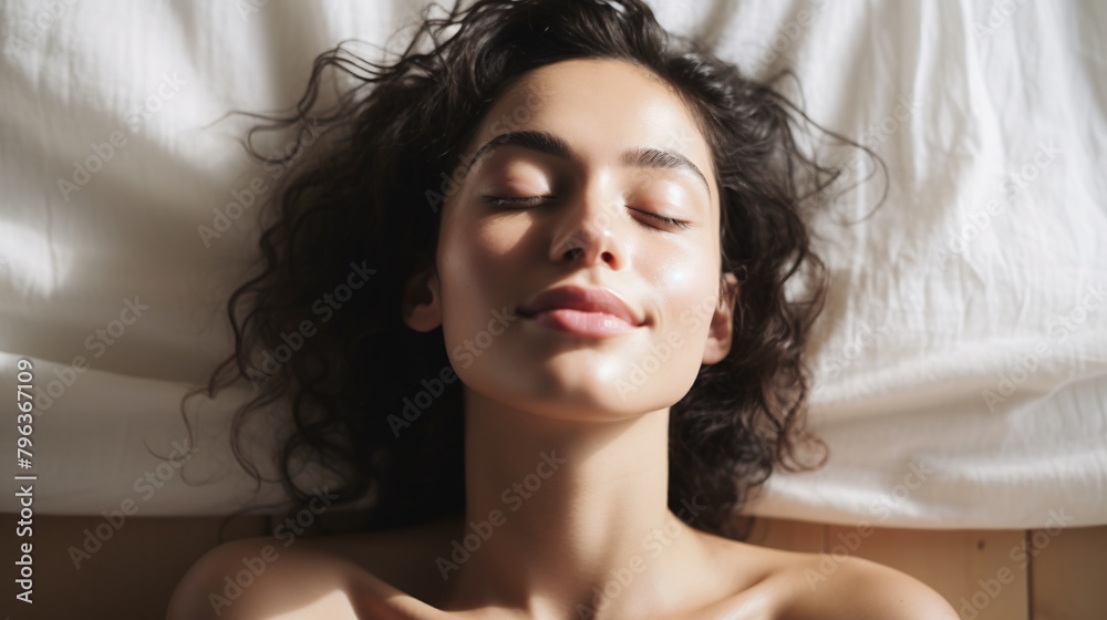 a woman lying down with her eyes closed a woman lying down with her eyes closed