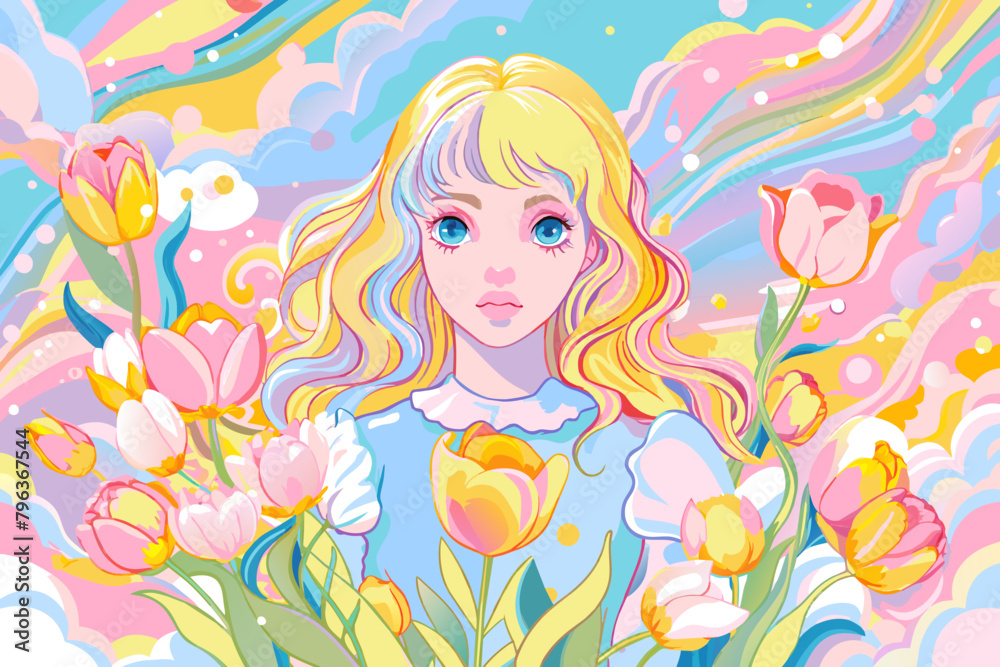 Vibrant Anime Girl with Tulips on Abstract Pastel Background
