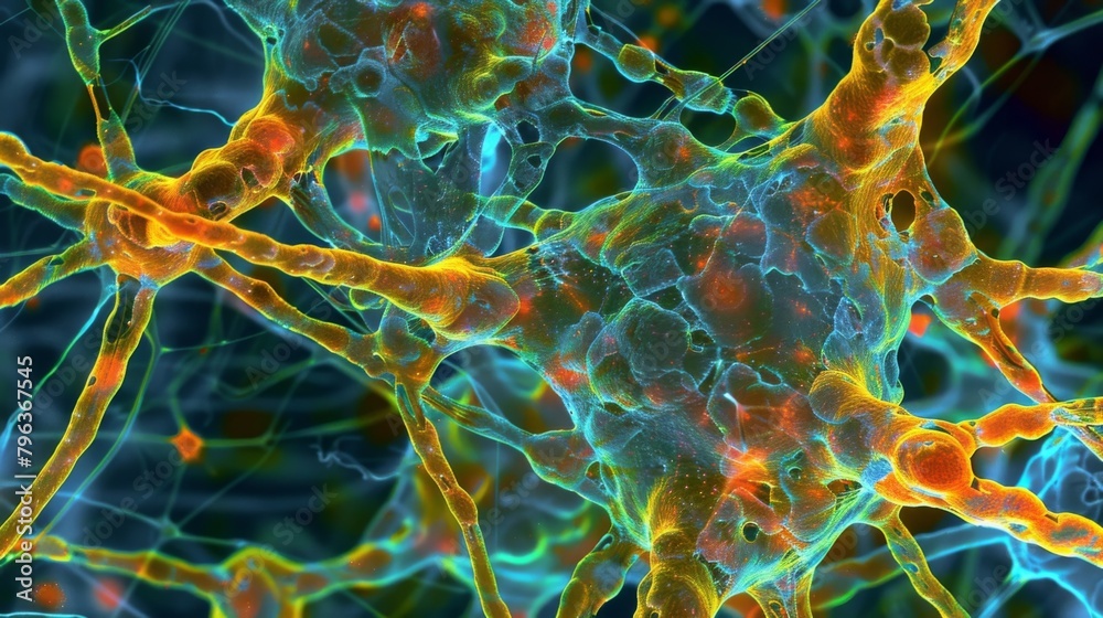 A highly magnified image of a group of neurons appearing like a web of delicate threads intertwined together in a complex network. A highly magnified image of a group of neurons appearing like a web of delicate threads intertwined together in a complex network.