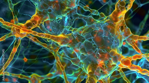A highly magnified image of a group of neurons appearing like a web of delicate threads intertwined together in a complex network.