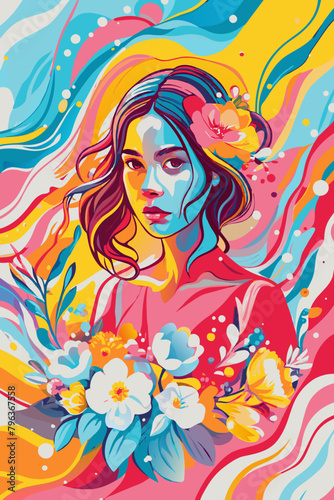 Vibrant Floral Woman Portrait - Abstract Artistic Illustration with Bold Colors