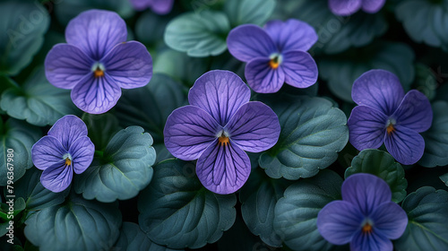 Clusters of purple violets with heart-shaped leaves in a shaded area © M Farooq