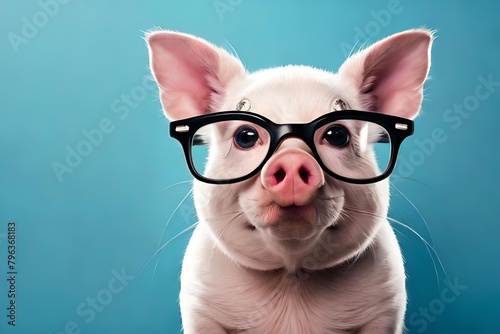 Funny animals backdrop - Closeup portrait of cute smiling little pig with glasses, isolated on bright blue background