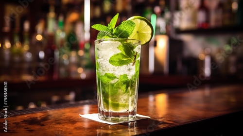 A refreshing mojito cocktail with lime and mint on a bar counter