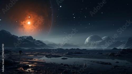a landscape with rocks and planets in the sky