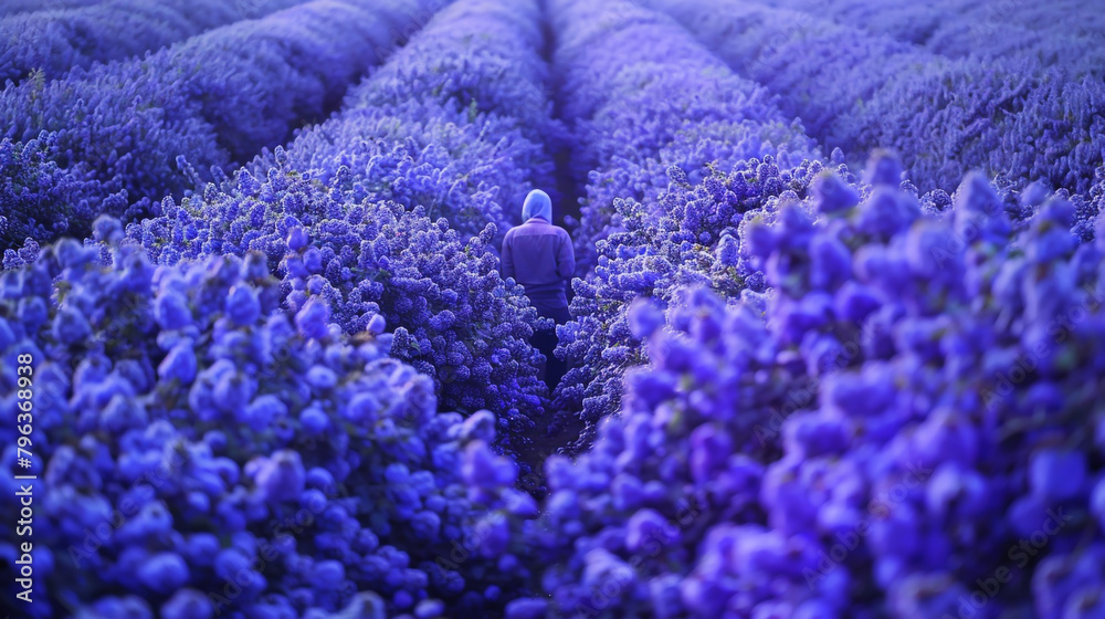 In a vast expanse of blueberry fields, a solitary figure bends to pluck the juiciest berries,