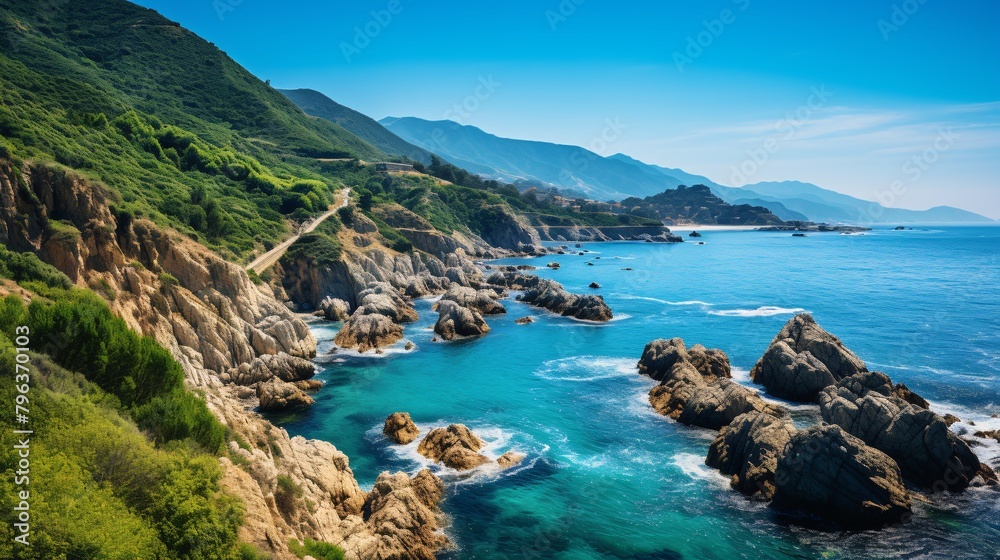 a rocky coastline with a road and mountains in the background