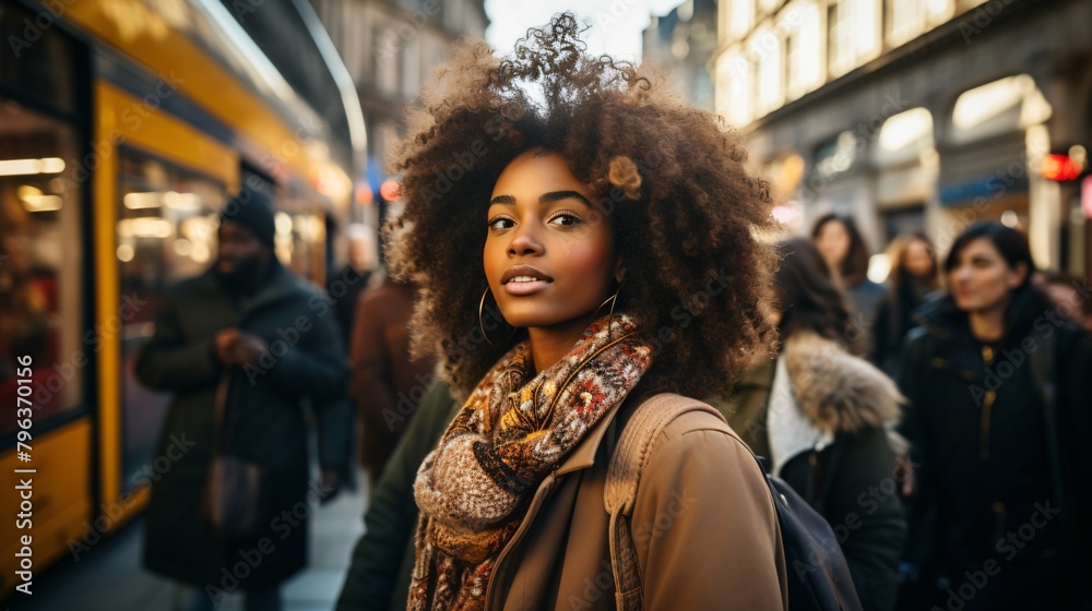 a woman with curly hair and a scarf