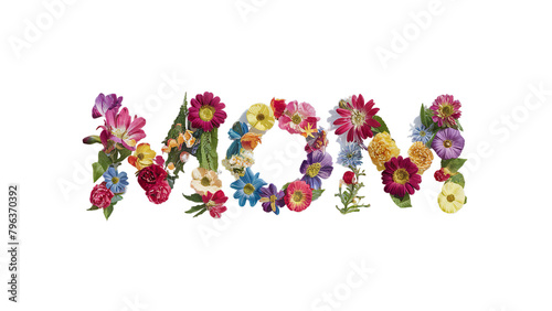 Happy Mother's Day, Mom text written with flowers, isolated on transparent, PNG, background