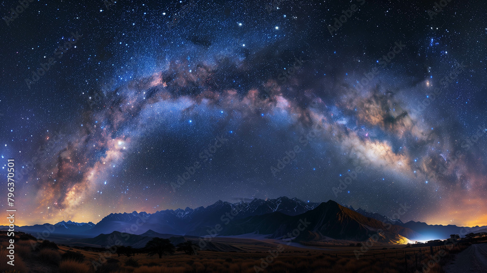 A panoramic shot of the Milky Way galaxy stretching across the night sky, captured with a DSLR camera on a clear night. Ai generated