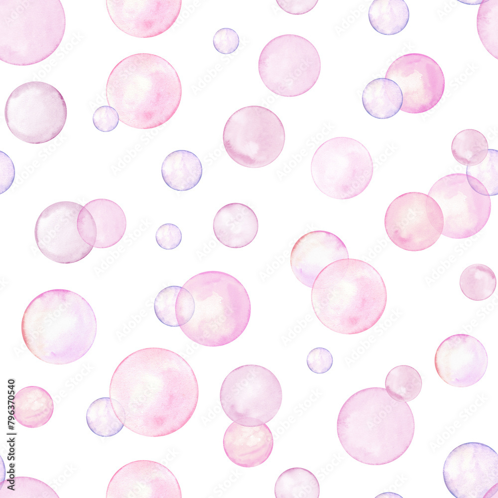 Cute pink polka dots. Seamless pattern with simple geometric shape. Bubbles in soft pastel color. Circles in creative minimalist style. Round doodle spots. Watercolor illustration for package