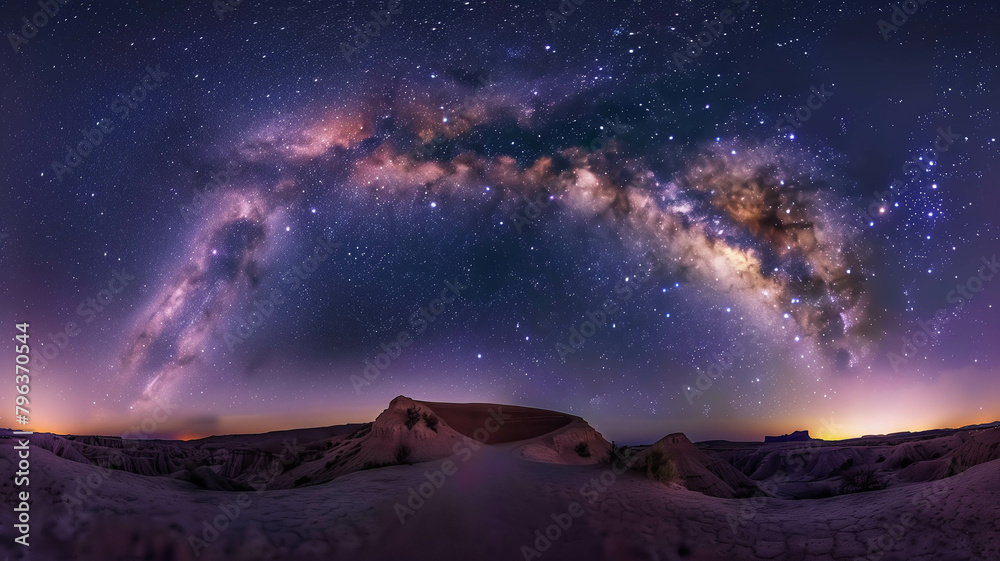 A panoramic shot of the Milky Way galaxy stretching across the night sky, captured with a DSLR camera on a clear night. Ai generated